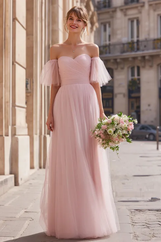 Blush Pink Long Off the Shoulder A Line Bridesmaid Dress sold by Zapaka