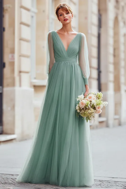 Eucalyptus A Line V-Neck Maxi Bridesmaid Dress with Long Sleeves sold by Zapaka