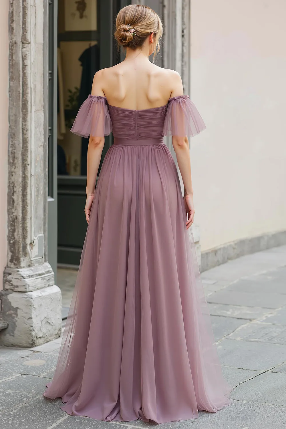Vintage Mauve Long A Line Off the Shoulder Bridesmaid Dress sold by Zapaka product image thumbnail 2