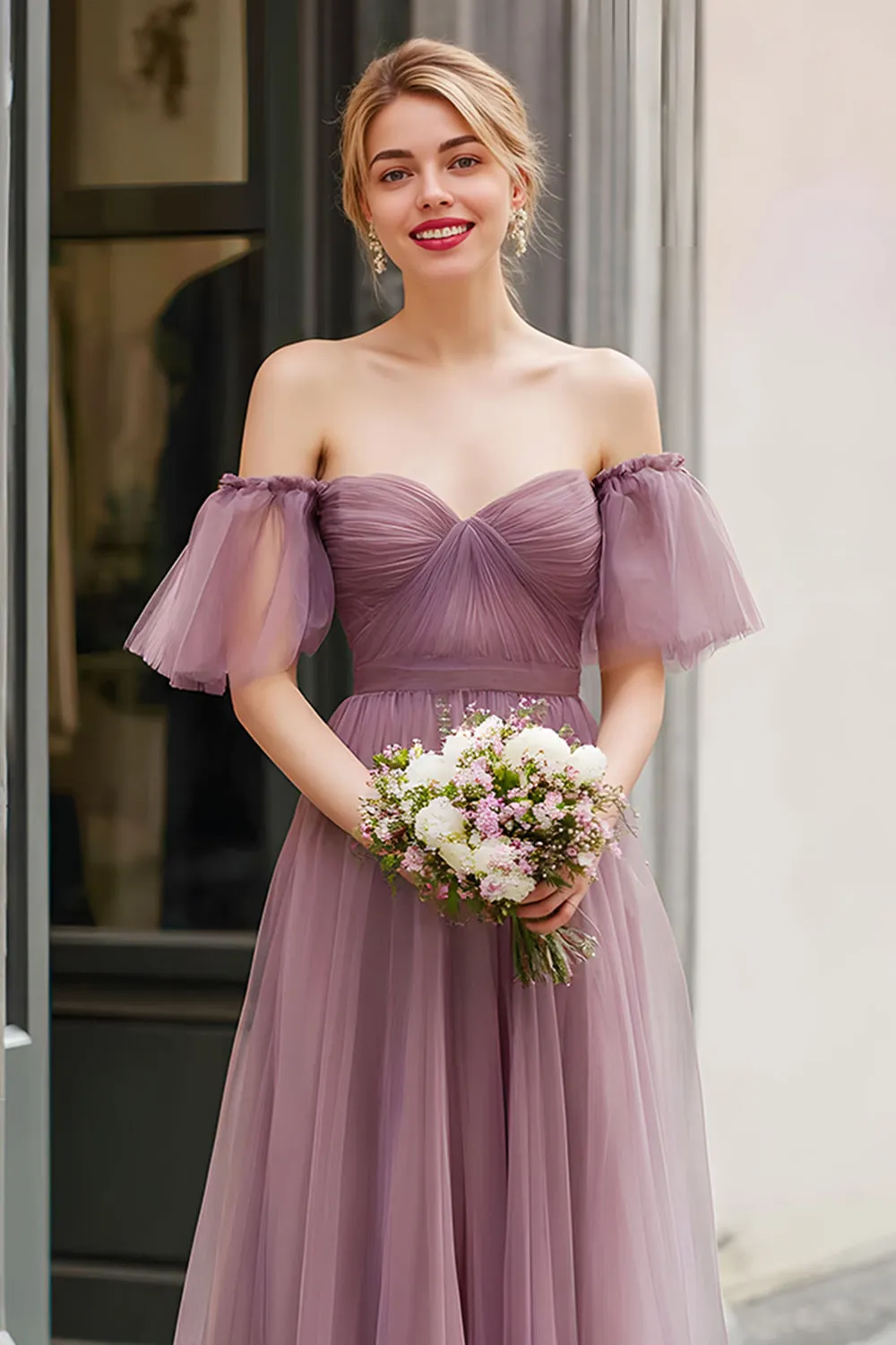 Vintage Mauve Long A Line Off the Shoulder Bridesmaid Dress sold by Zapaka product image thumbnail 3