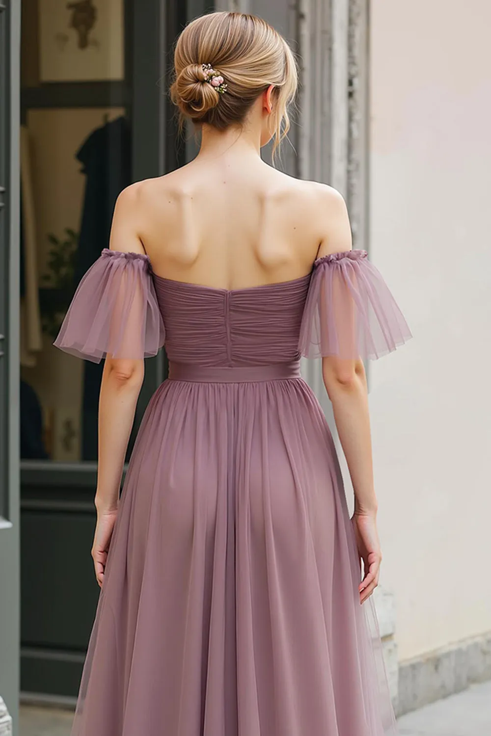 Vintage Mauve Long A Line Off the Shoulder Bridesmaid Dress sold by Zapaka product image thumbnail 4
