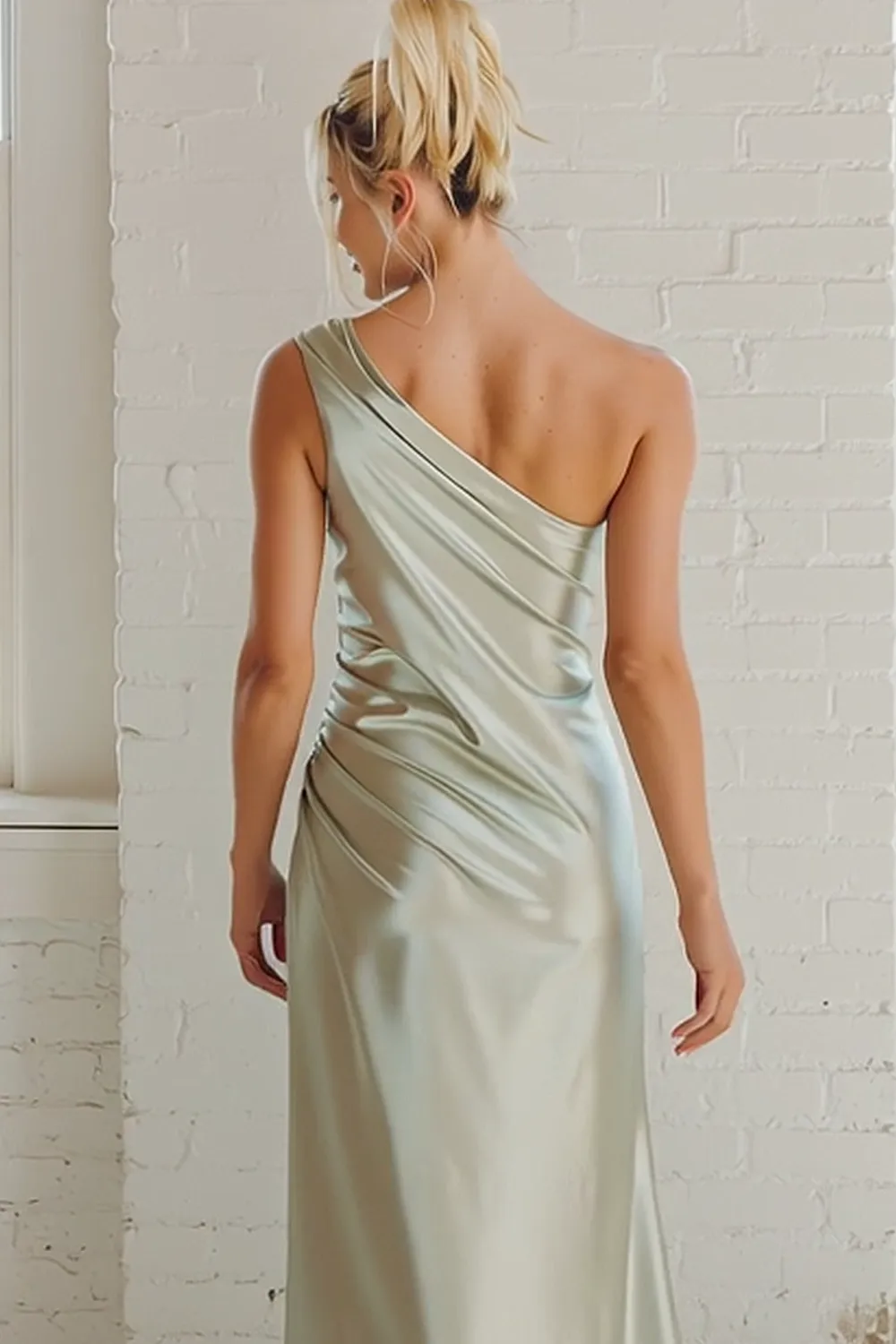Dusty Sage Sheath Satin One Shoulder Ruched Long Bridesmaid Dress sold by Zapaka product image thumbnail 2