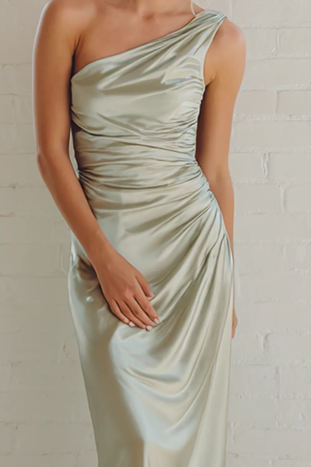 Dusty Sage Sheath Satin One Shoulder Ruched Long Bridesmaid Dress sold by Zapaka product image thumbnail 3