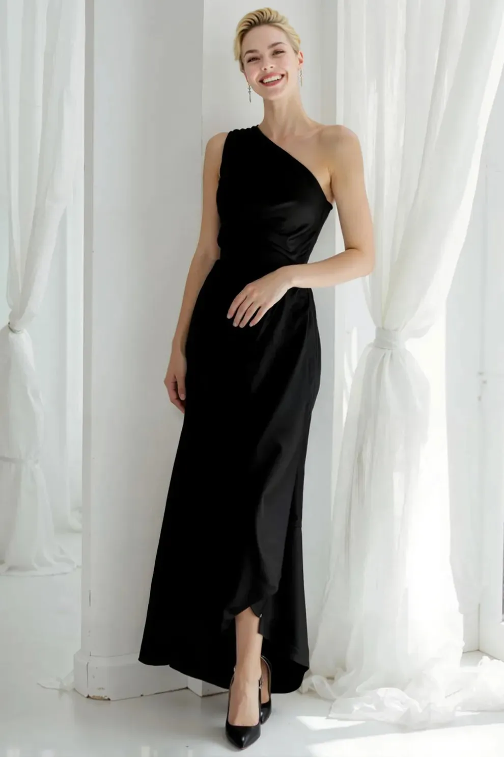 Blue Satin One Shoulder Ruched Long Bridesmaid Dress sold by Zapaka product image thumbnail 5