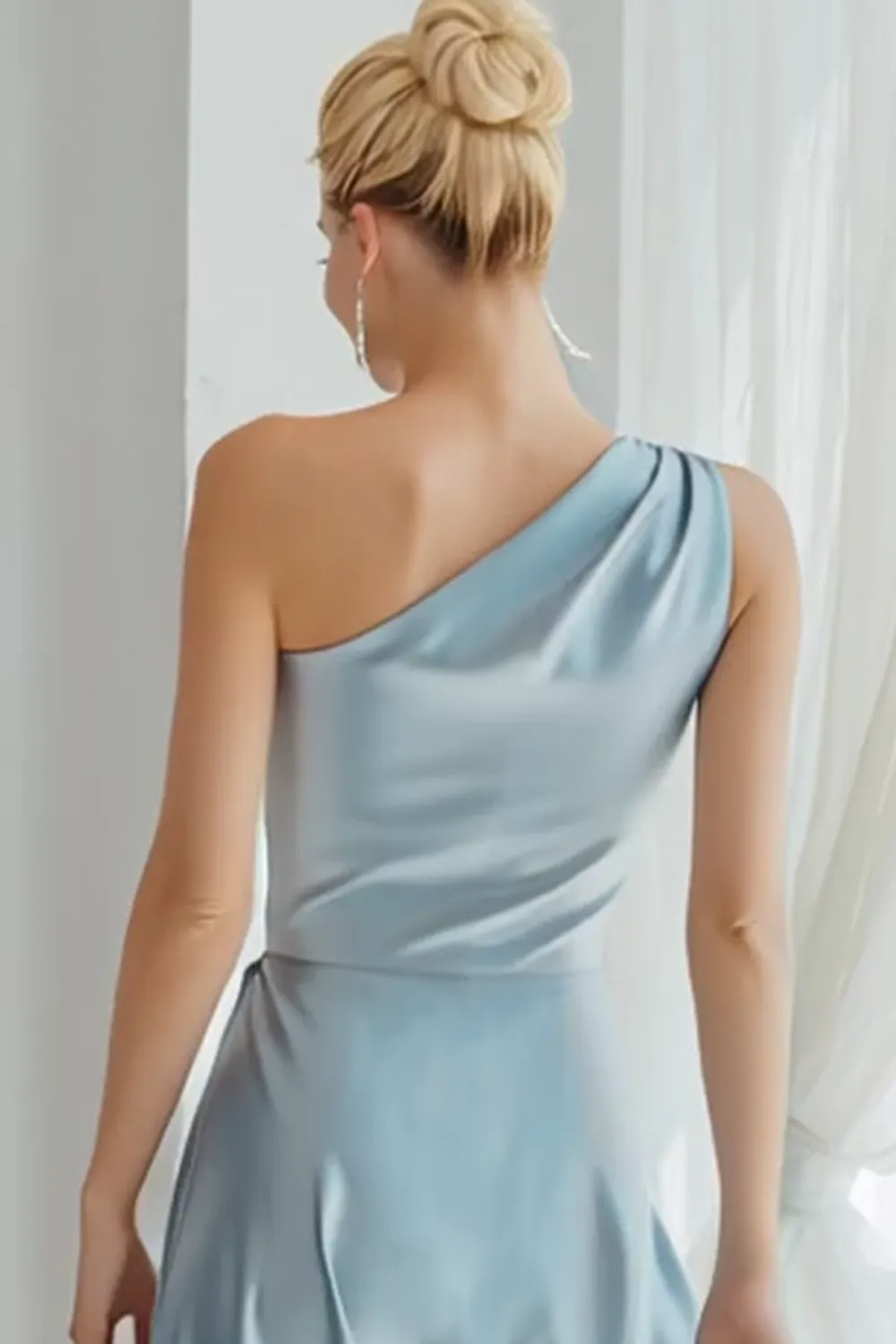 Blue Satin One Shoulder Ruched Long Bridesmaid Dress sold by Zapaka product image thumbnail 2