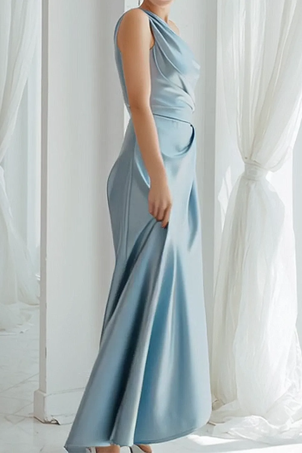 Blue Satin One Shoulder Ruched Long Bridesmaid Dress sold by Zapaka product image thumbnail 3