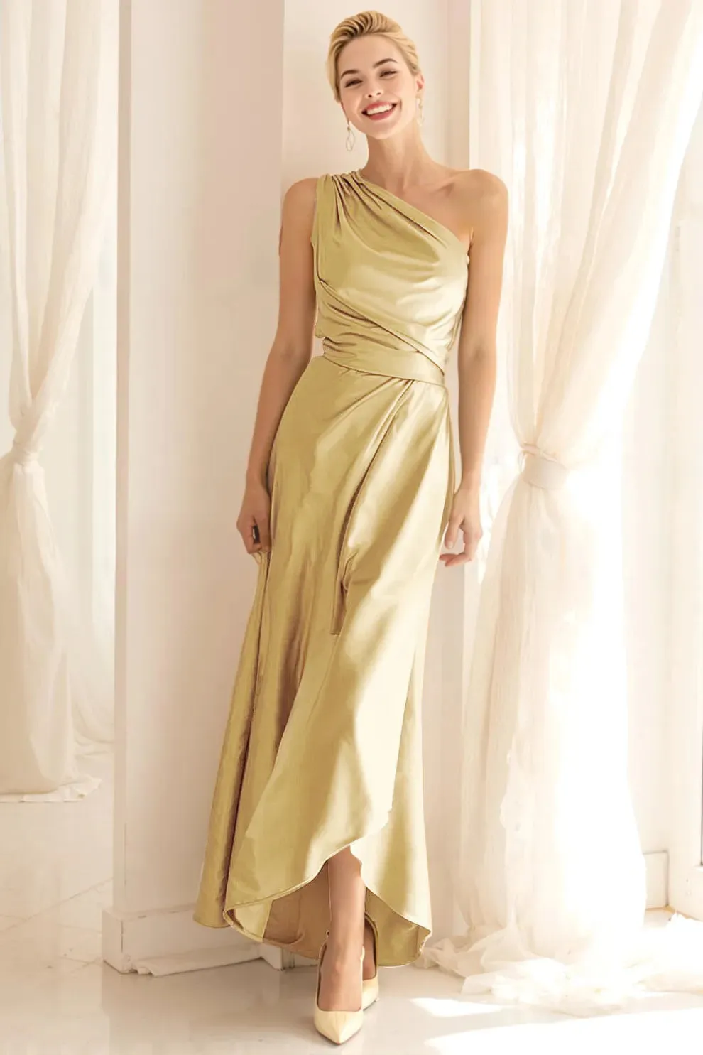 Blue Satin One Shoulder Ruched Long Bridesmaid Dress sold by Zapaka product image thumbnail 4