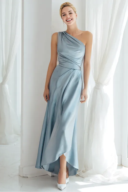 Blue Satin One Shoulder Ruched Long Bridesmaid Dress sold by Zapaka
