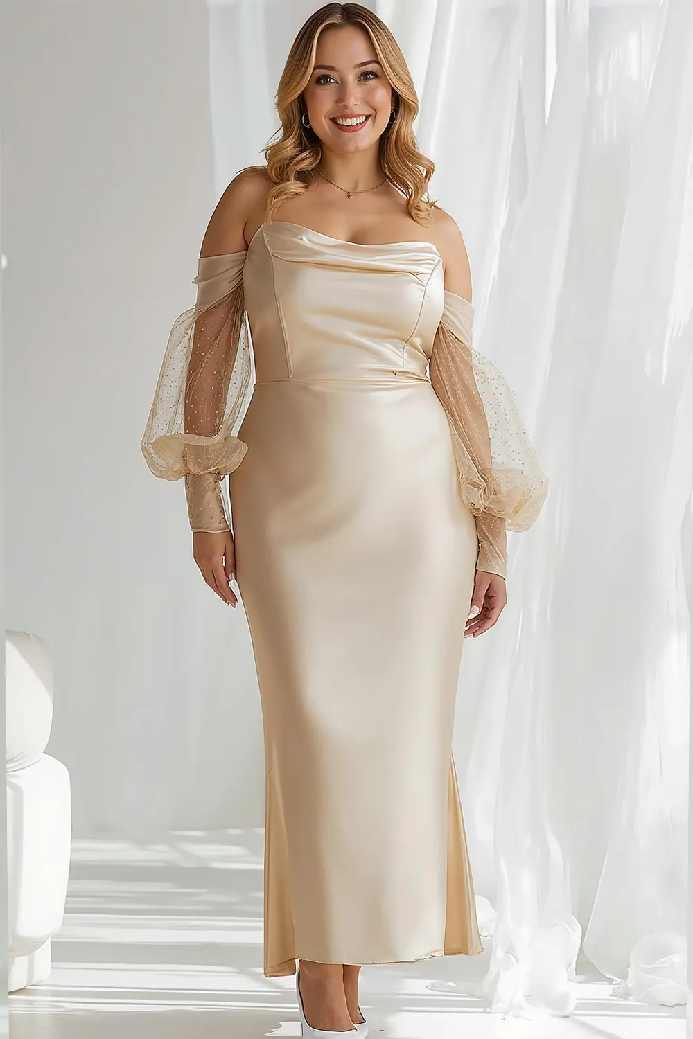 Champagne Satin Off The Shoulder Sheath Long Bridesmaid Dress with Sleeves sold by Zapaka product image thumbnail 4