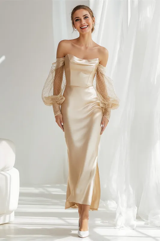 Champagne Satin Off The Shoulder Sheath Long Bridesmaid Dress with Sleeves sold by Zapaka