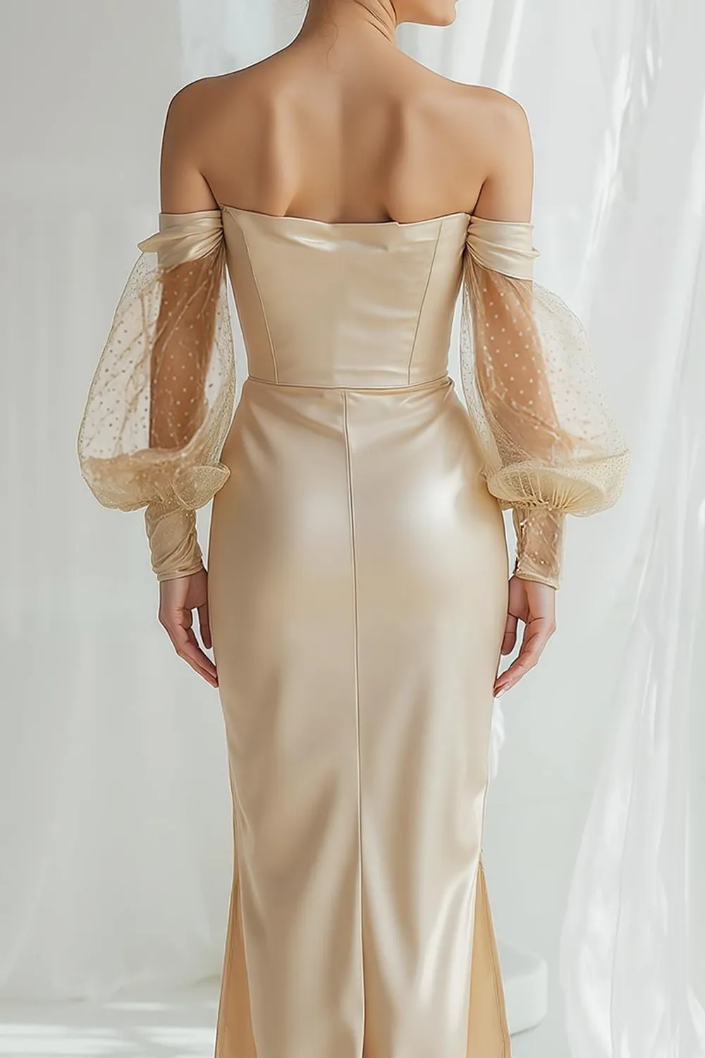 Champagne Satin Off The Shoulder Sheath Long Bridesmaid Dress with Sleeves sold by Zapaka product image thumbnail 2