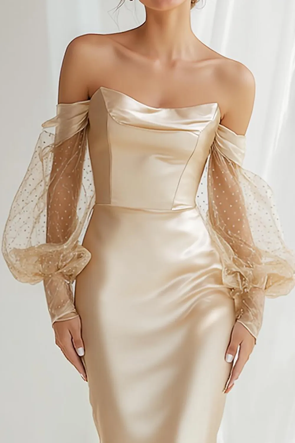 Champagne Satin Off The Shoulder Sheath Long Bridesmaid Dress with Sleeves sold by Zapaka product image thumbnail 3