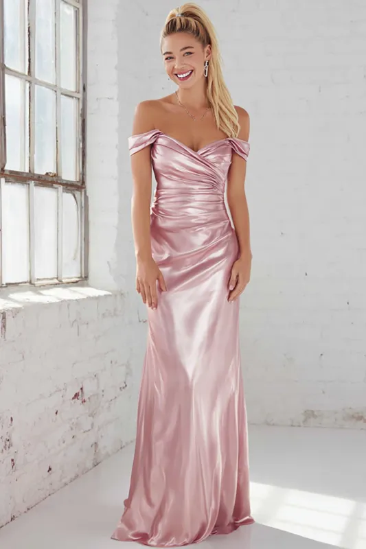 Pink Satin Sheath Ruched Off The Shoulder Long Bridesmaid Dress sold by Zapaka