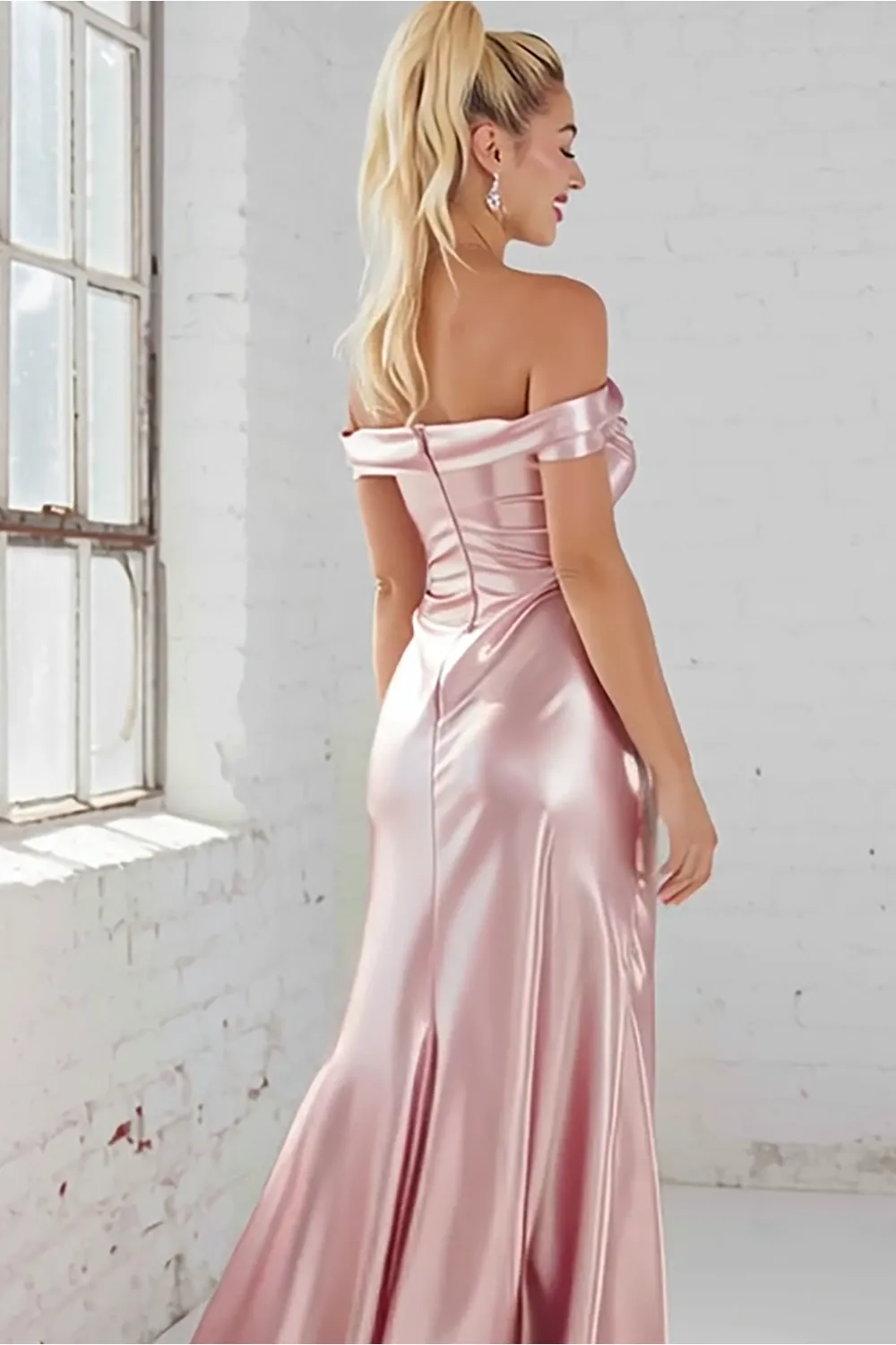 Pink Satin Sheath Ruched Off The Shoulder Long Bridesmaid Dress sold by Zapaka product image thumbnail 2