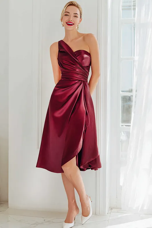 Cabernet A Line Satin One Shoulder Ruched Midi Bridesmaid Dress sold by Zapaka