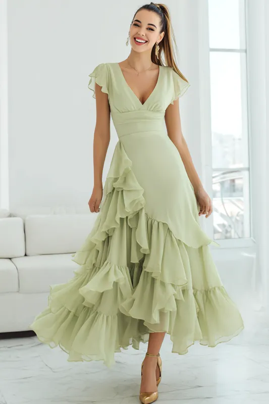 Light Green Chiffon A Line V-Neck Ruffled Long Bridesmaid Dress with Sleeves sold by Zapaka
