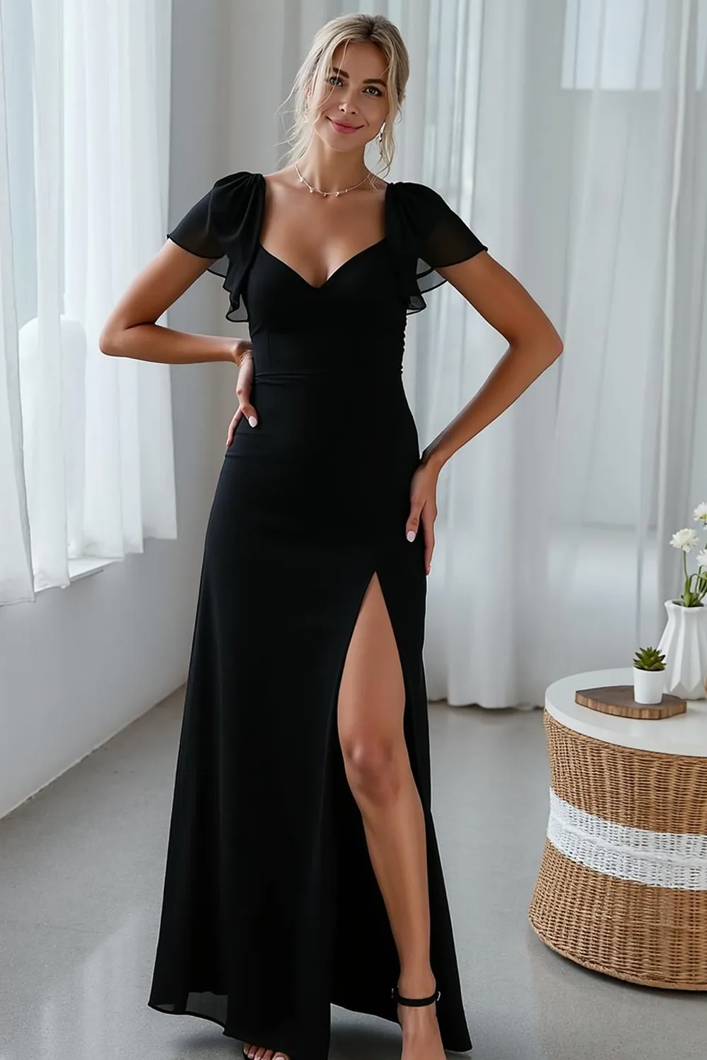 Black A Line Short Sleeve Bridesmaid Dress with Slit sold by Zapaka