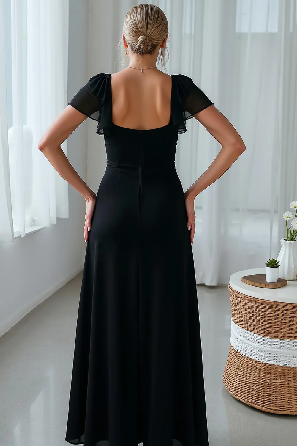 Black A Line Short Sleeve Bridesmaid Dress with Slit sold by Zapaka product image thumbnail 2