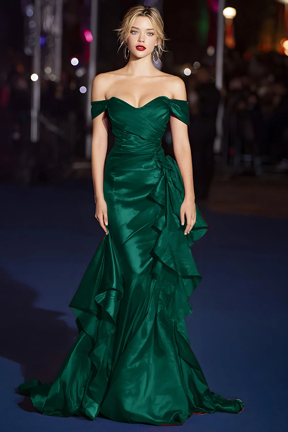 Dark Green Off the Shoulder Satin Ruched Mermaid Long Gala Dress with Ruffles sold by Zapaka