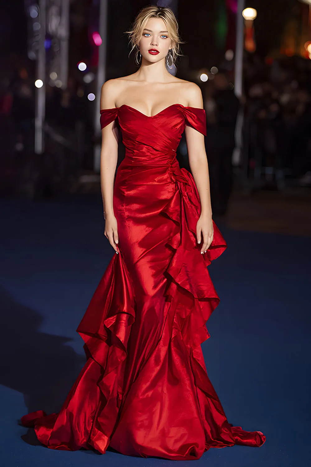 Dark Green Off the Shoulder Satin Ruched Mermaid Long Gala Dress with Ruffles sold by Zapaka product image thumbnail 3