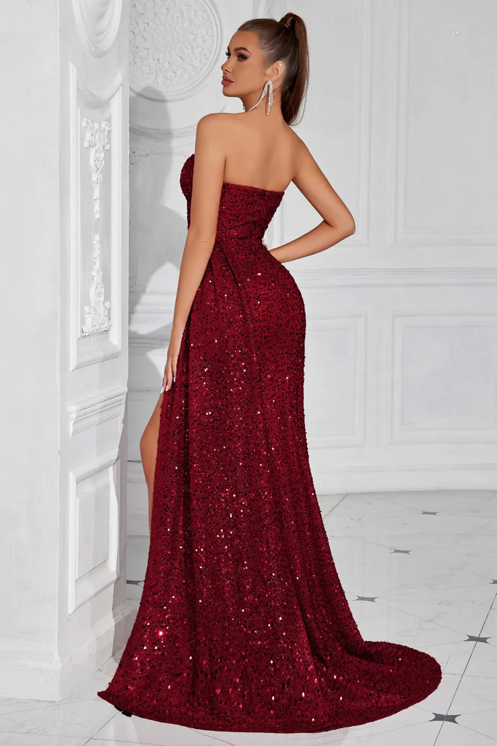 Sparkly Burgundy Sequins Sweetheart Mermaid Long Prom Dress with Slit sold by Zapaka product image thumbnail 2