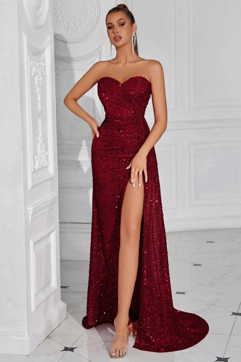 Sparkly Burgundy Sequins Sweetheart Mermaid Long Prom Dress with Slit sold by Zapaka product image thumbnail 4