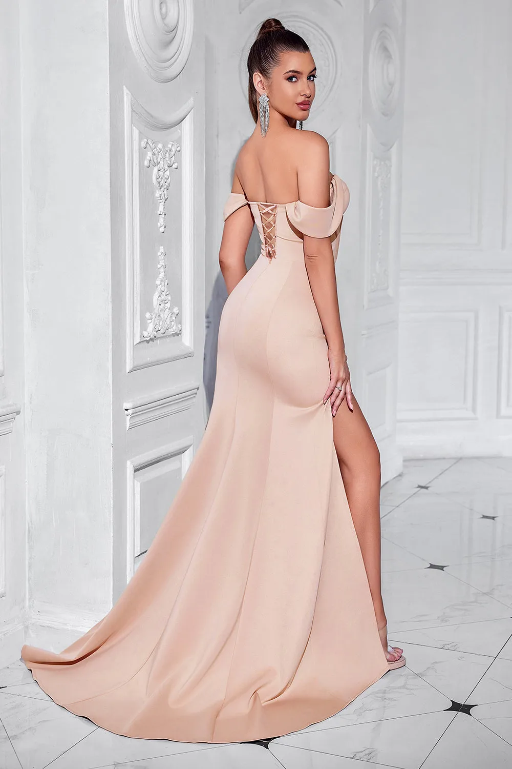 Blush Off The Shoulder Satin Sheath Long Corset Prom Dress with Slit sold by Zapaka product image thumbnail 2