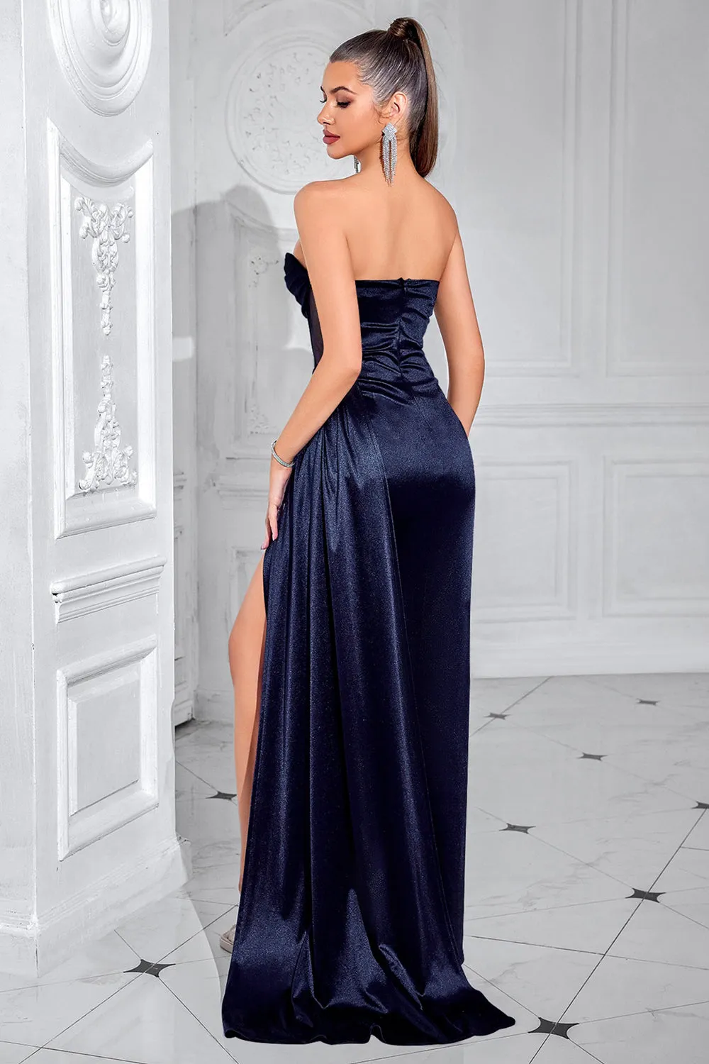Navy Sheath Corset Satin Strapless Long Prom Dress with Slit sold by Zapaka product image thumbnail 2