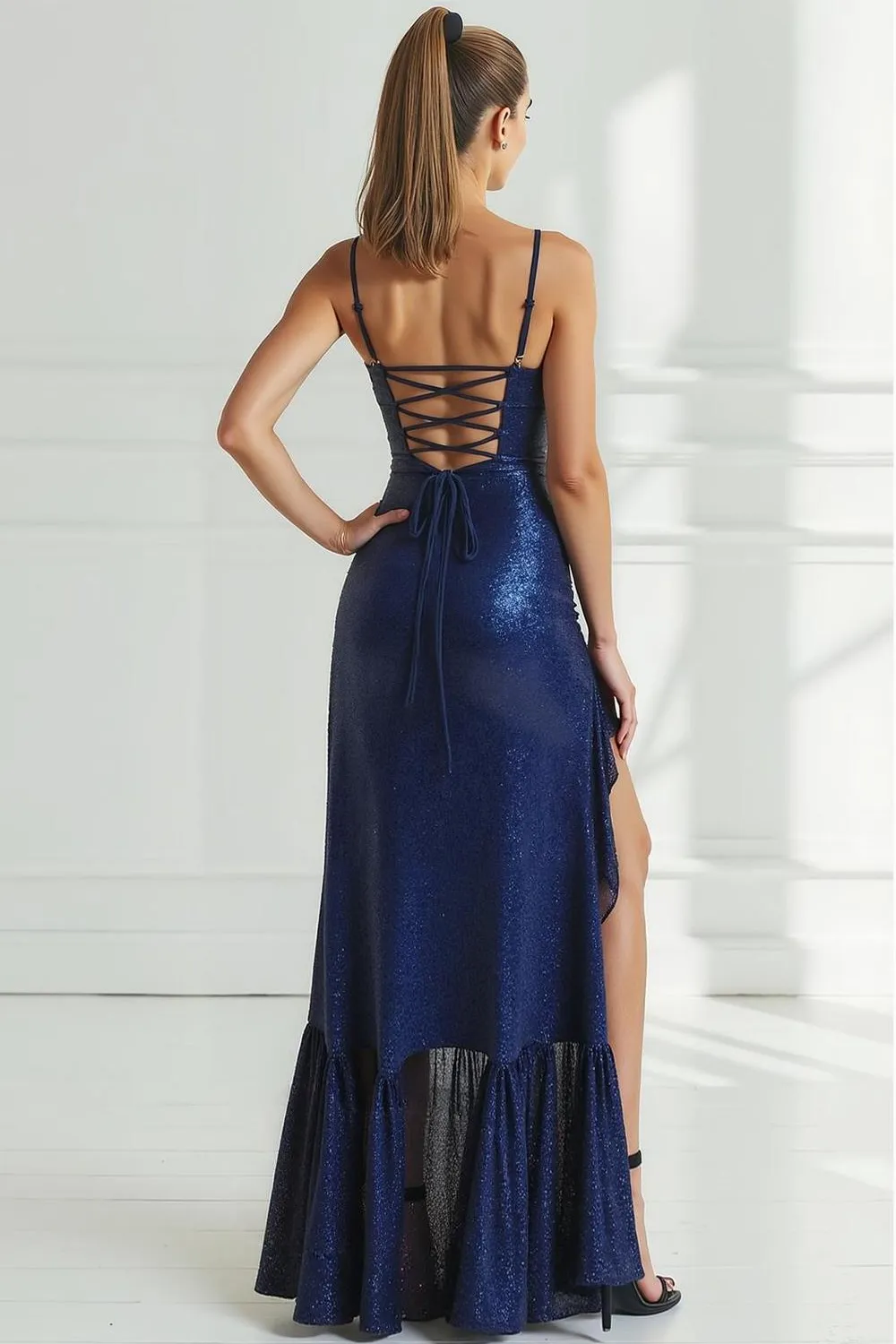 Sparkly Navy Sequin Sheath Spaghetti Straps Long Prom Dress with Ruffles sold by Zapaka product image thumbnail 2