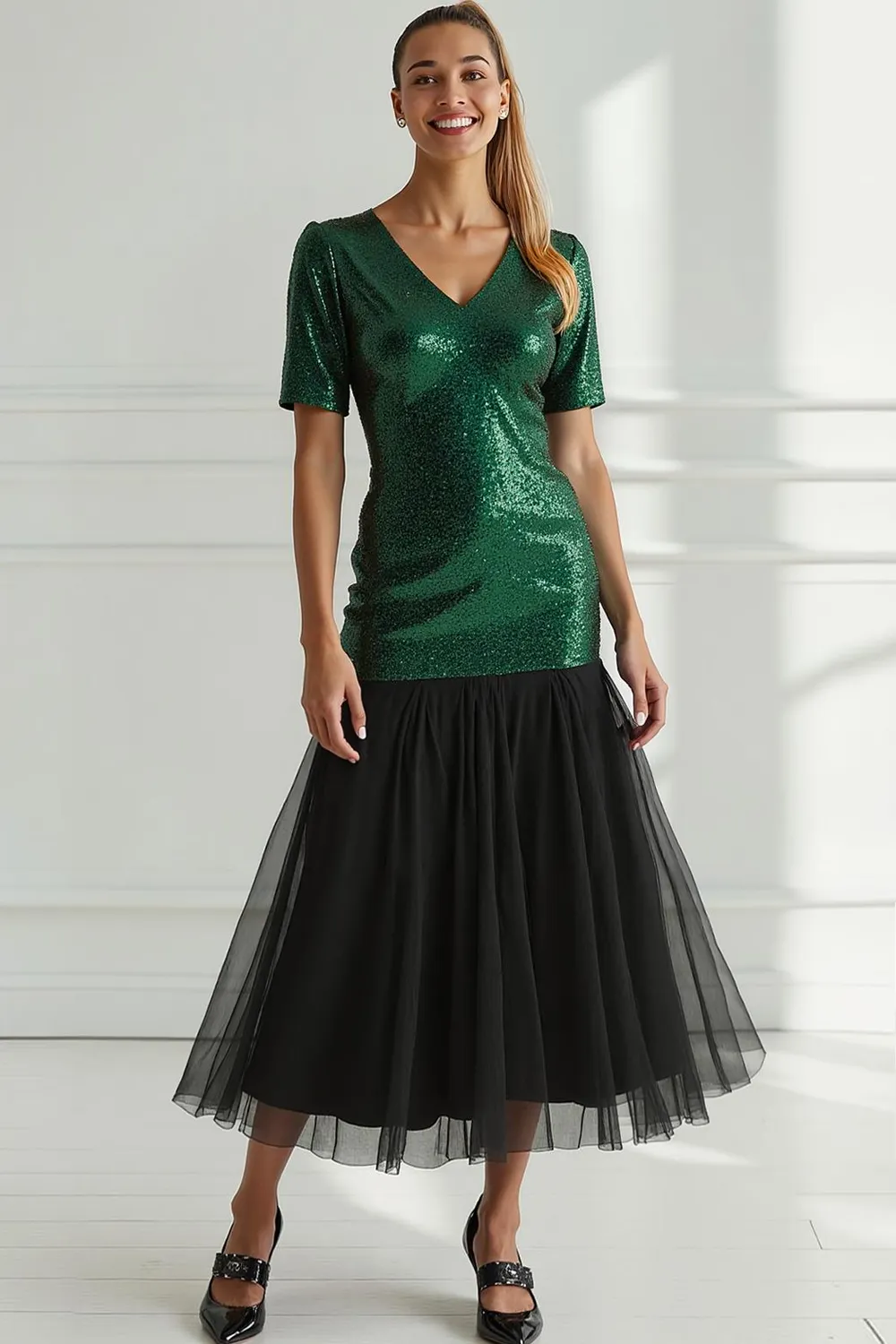 Sparkly Dark Green Tulle V-Neck Sheath Long Prom Dress with Sequin sold by Zapaka product image thumbnail 3