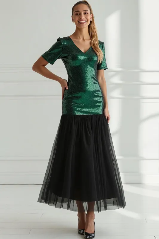 Sparkly Dark Green Tulle V-Neck Sheath Long Prom Dress with Sequin sold by Zapaka