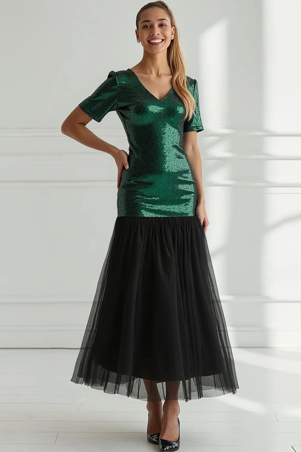 Sparkly Dark Green Tulle V-Neck Sheath Long Prom Dress with Sequin sold by Zapaka