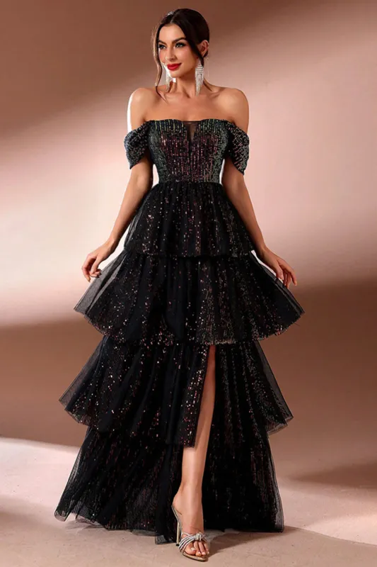 Sparkly Black Off the Shoulder Sequins Tiered Porm Dress with Slit sold by Zapaka