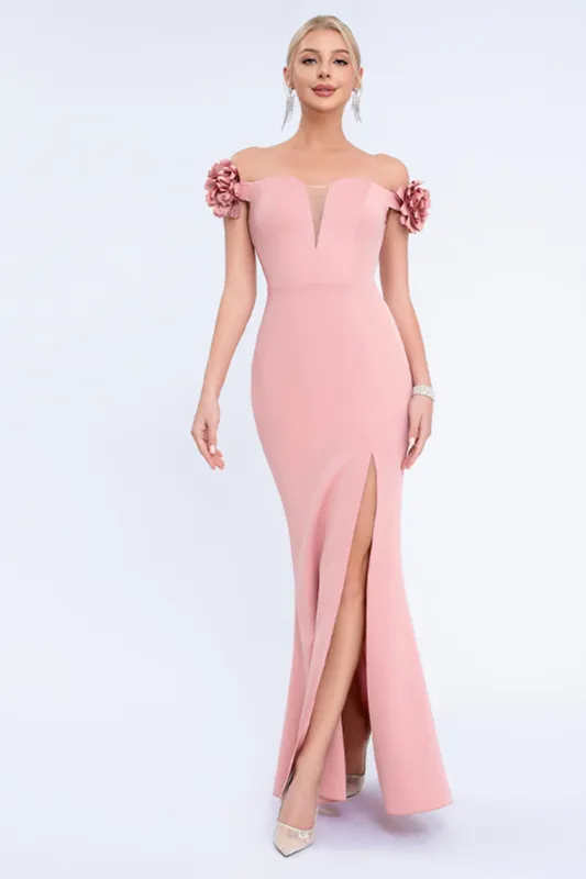Blush Off the Shouder 3D Flower Sheath Prom Dress with Slit sold by Zapaka