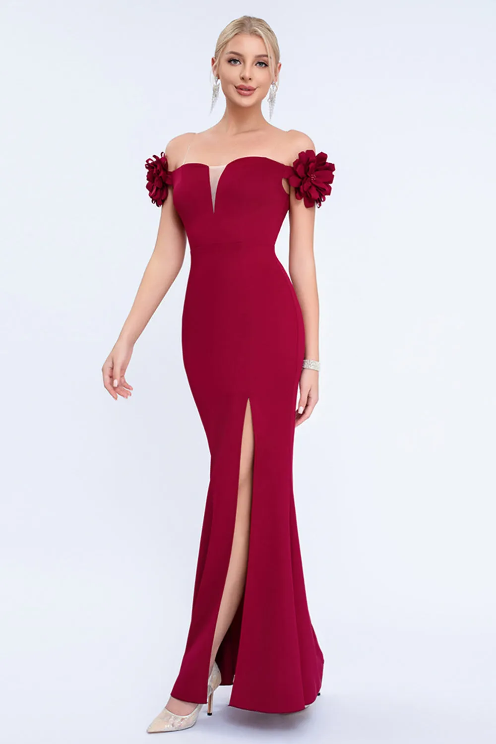 Blush Off the Shouder 3D Flower Sheath Prom Dress with Slit sold by Zapaka product image thumbnail 3