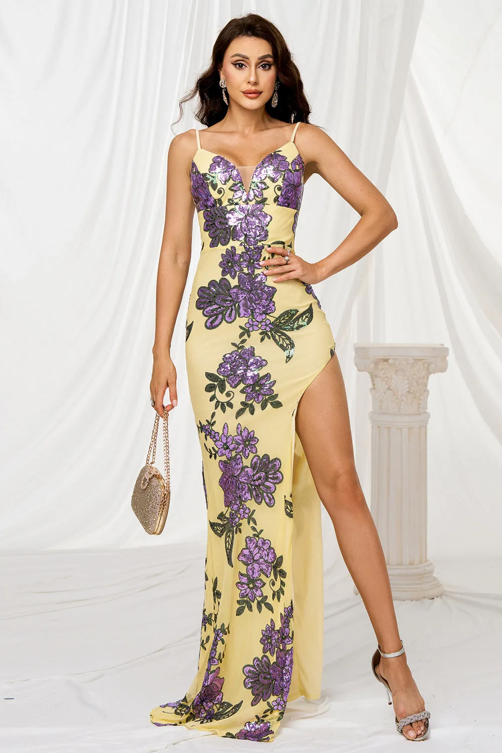 Yellow Mermaid Spaghetti Straps Sweep Train Floral Prom Dress sold by Zapaka product image thumbnail 4