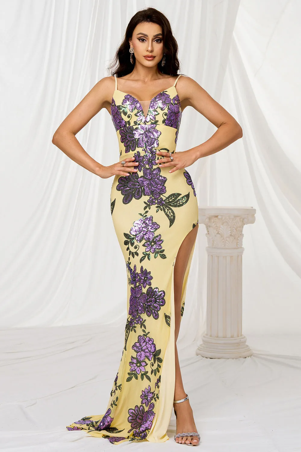 Yellow Mermaid Spaghetti Straps Sweep Train Floral Prom Dress sold by Zapaka