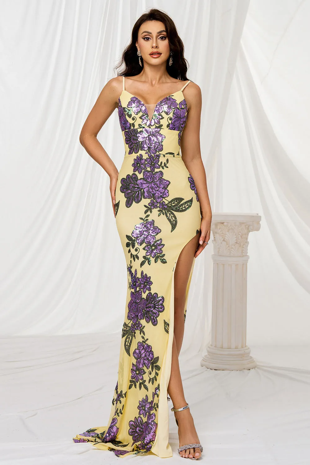 Yellow Mermaid Spaghetti Straps Sweep Train Floral Prom Dress sold by Zapaka product image thumbnail 5