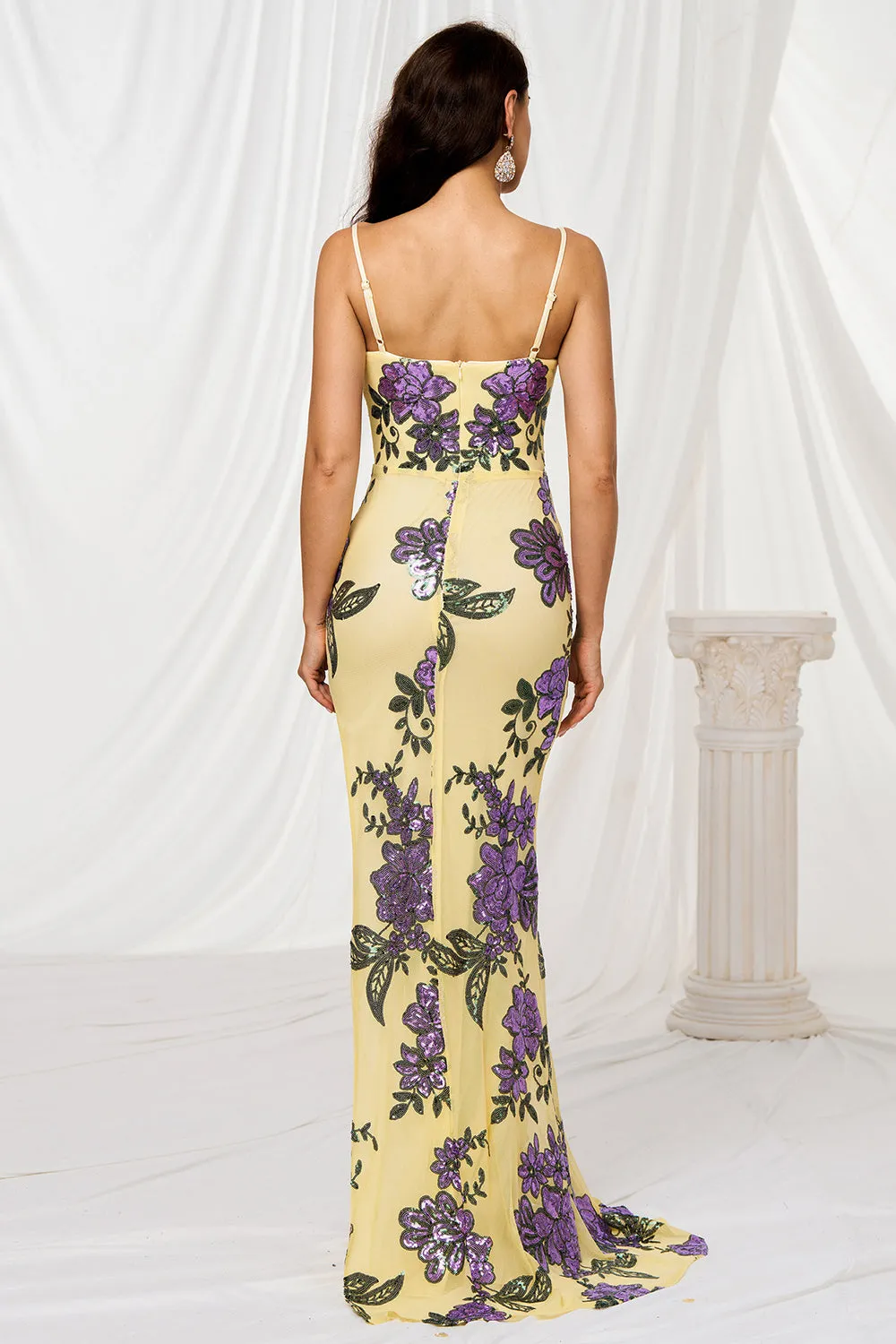 Yellow Mermaid Spaghetti Straps Sweep Train Floral Prom Dress sold by Zapaka product image thumbnail 2