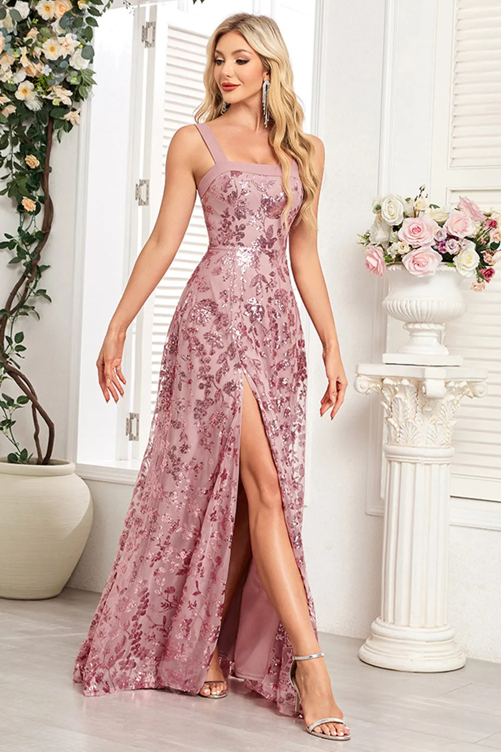 Blush A Line Thick Straps Floral Long Prom Dress with Slit sold by Zapaka product image thumbnail 5