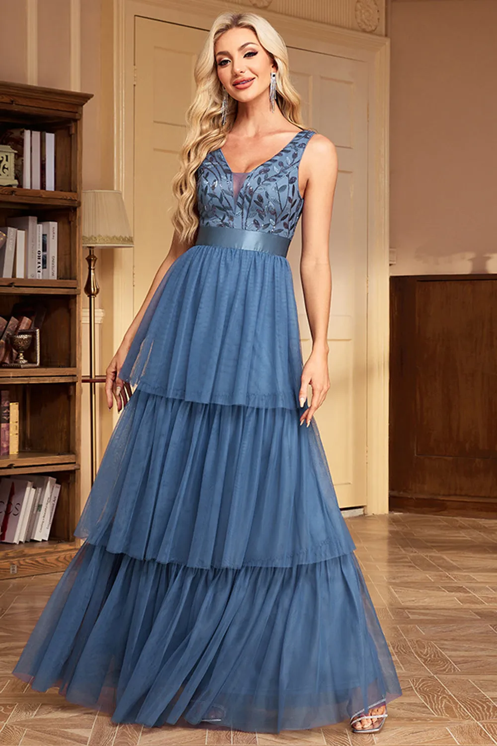 Grey Blue Tiered A Line Thick Straps Long Prom Dress sold by Zapaka