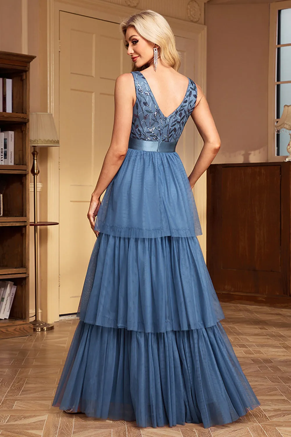 Grey Blue Tiered A Line Thick Straps Long Prom Dress sold by Zapaka product image thumbnail 2