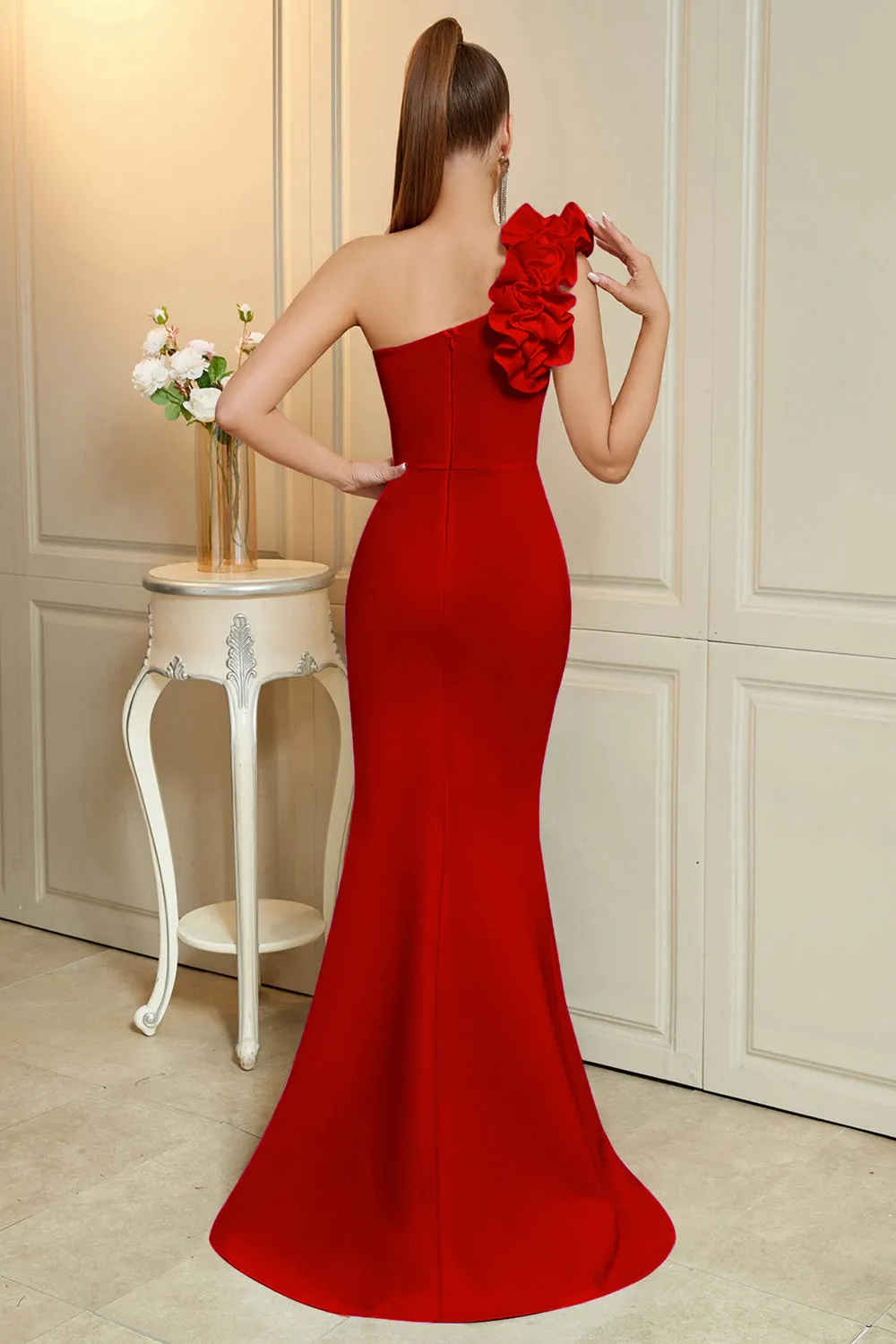 Long One Shoulder Mermaid Red Prom Dress with Slit sold by Zapaka product image thumbnail 2