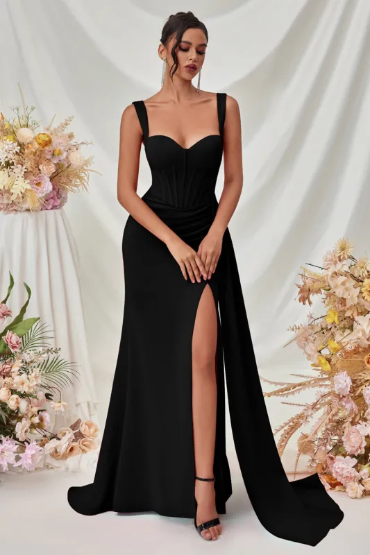 Maxi Thick Straps Mermaid Black Prom Dress with Slit sold by Zapaka