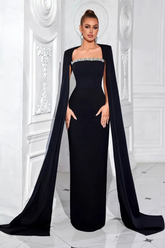 Black Sheath Long Prom Dress with Cape sold by Zapaka