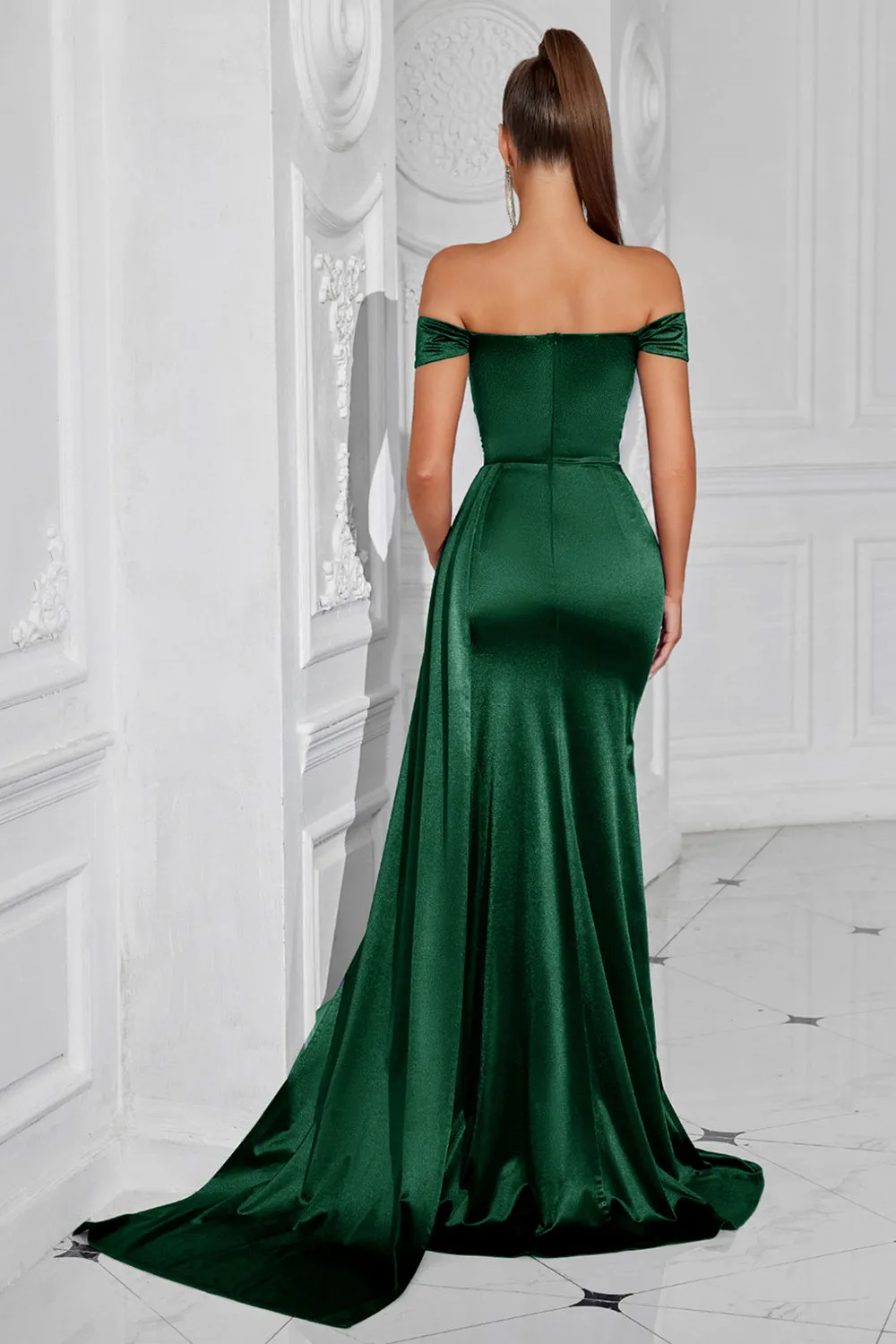 Mermaid Off the Shoulder Dark Green Ruched Slit Prom Dress sold by Zapaka product image thumbnail 2