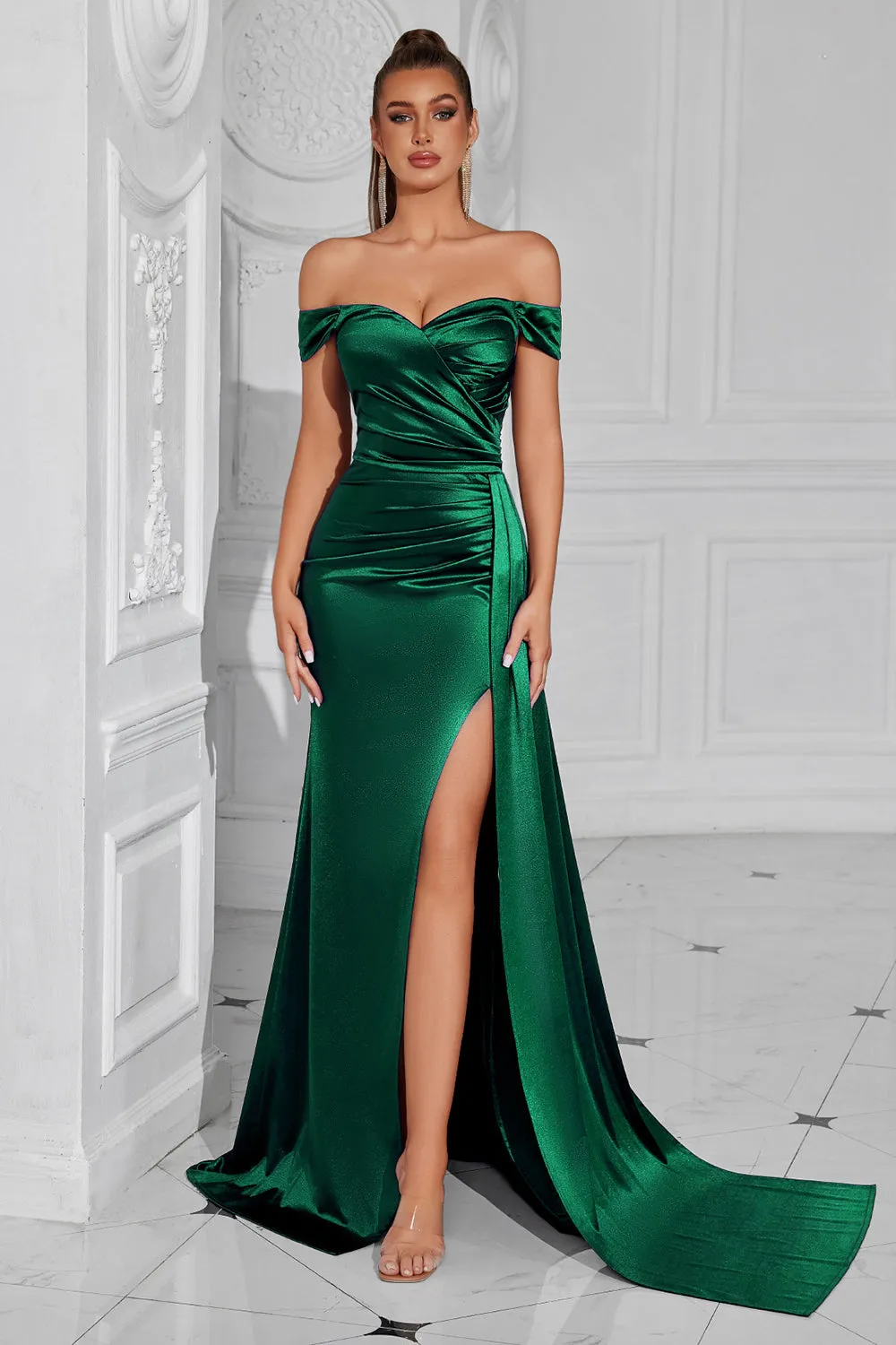 Mermaid Off the Shoulder Dark Green Ruched Slit Prom Dress sold by Zapaka