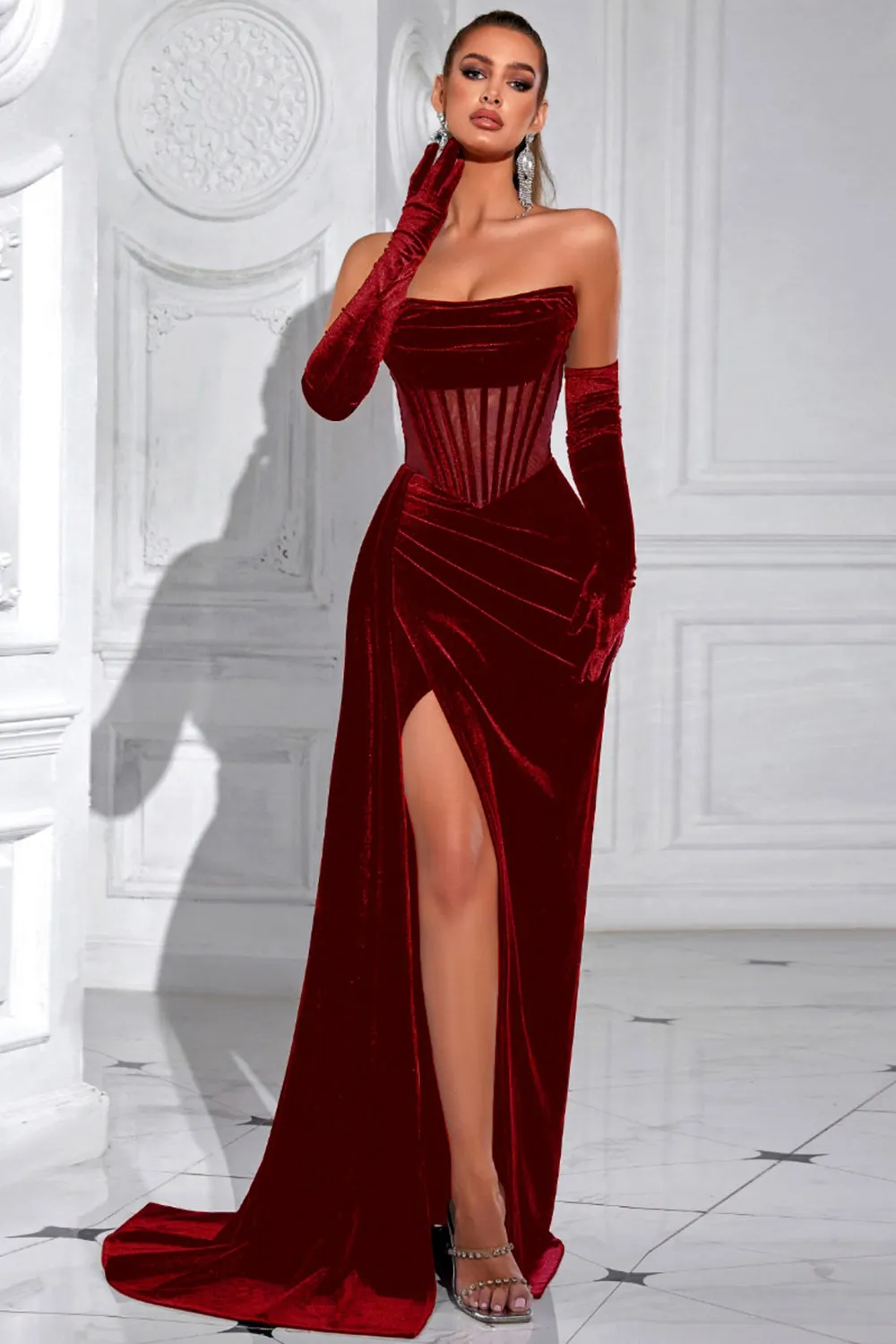 Black Bateau Sheath Corset Velvet Prom Dress with Slit sold by Zapaka product image thumbnail 5