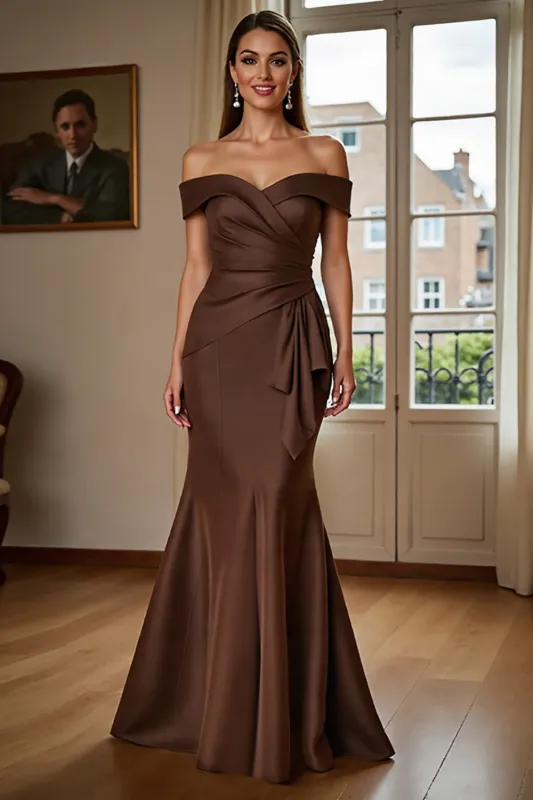 Off The Shoulder Mermaid Satin Brown Formal Dress With Draped Bow sold by Zapaka