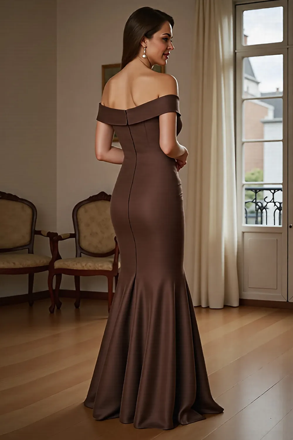 Off The Shoulder Mermaid Satin Brown Formal Dress With Draped Bow sold by Zapaka product image thumbnail 2